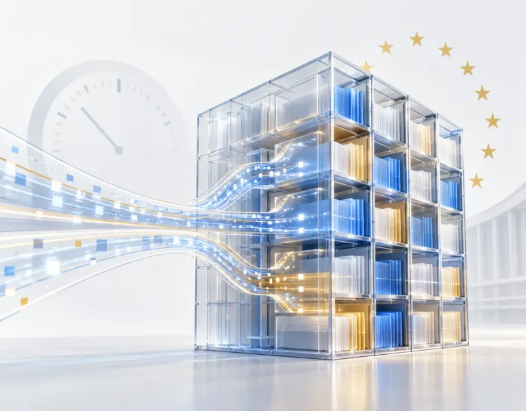 archivio digitale rappresentato come un palazzo di vetro. Conservazione dei dati di traffico il vincolo che torna da Bruxelles