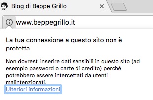 Caso #Hack5Stelle: l'immagine mostra un avviso di sicurezza del browser con il messaggio "La tua connessione a questo sito non è protetta" sul sito www.beppegrillo.it. L'utente viene invitato a non inserire dati sensibili, poiché potrebbero essere intercettati.
