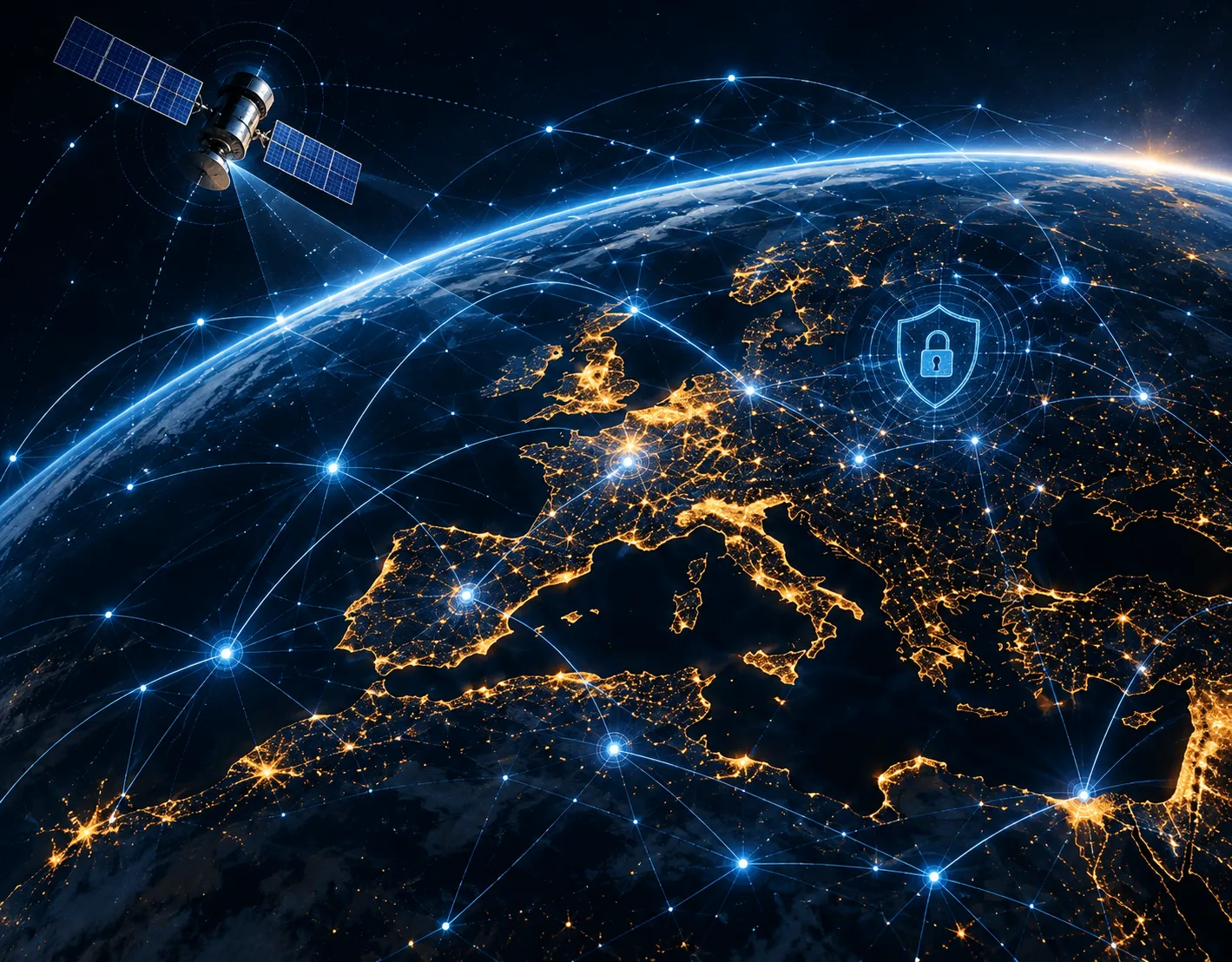 Geopolitica del cyberspazio_Rete cibernetica sopra l’Europa