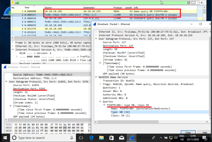 Wireshark mostra pacchetti LLMNR e NBT-NS inviati in broadcast