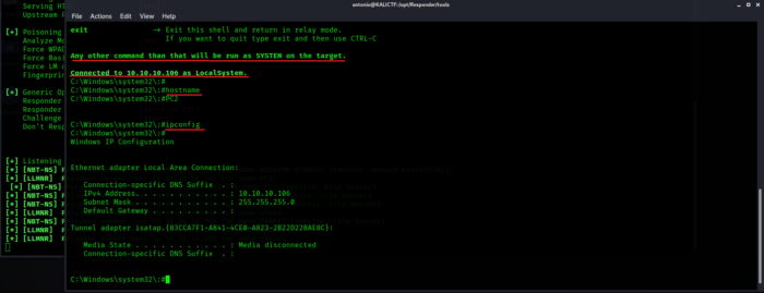Shell ottenuta sul sistema target mostrando l'output dei comandi hostname e ipconfig