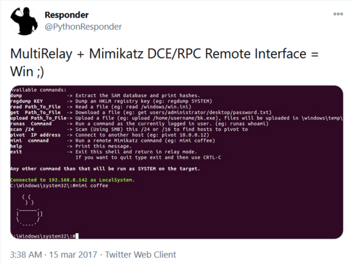 Tweet dell'account ufficiale di Responder che annuncia l'integrazione di Mimikatz in MultiRelay