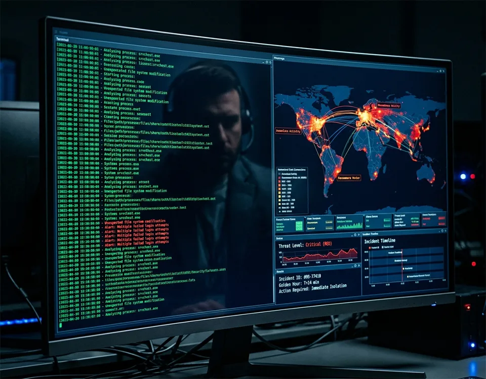 Attacco ransomware in corso su un sistema aziendale con schermi che mostrano cifratura dei dati, backup compromessi e gestione dell’emergenza nella Golden Hour per la risposta all’incidente: backup ransomware, Incident Responder, Cyber Forensics, cyber investigation, Data Exfiltration