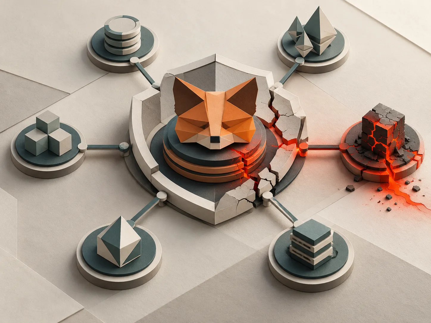 una testa di volpe sullo scudo della sicurezza e collegamenti che si rompono. MetaMask Staking compromesso: validatori Ethereum