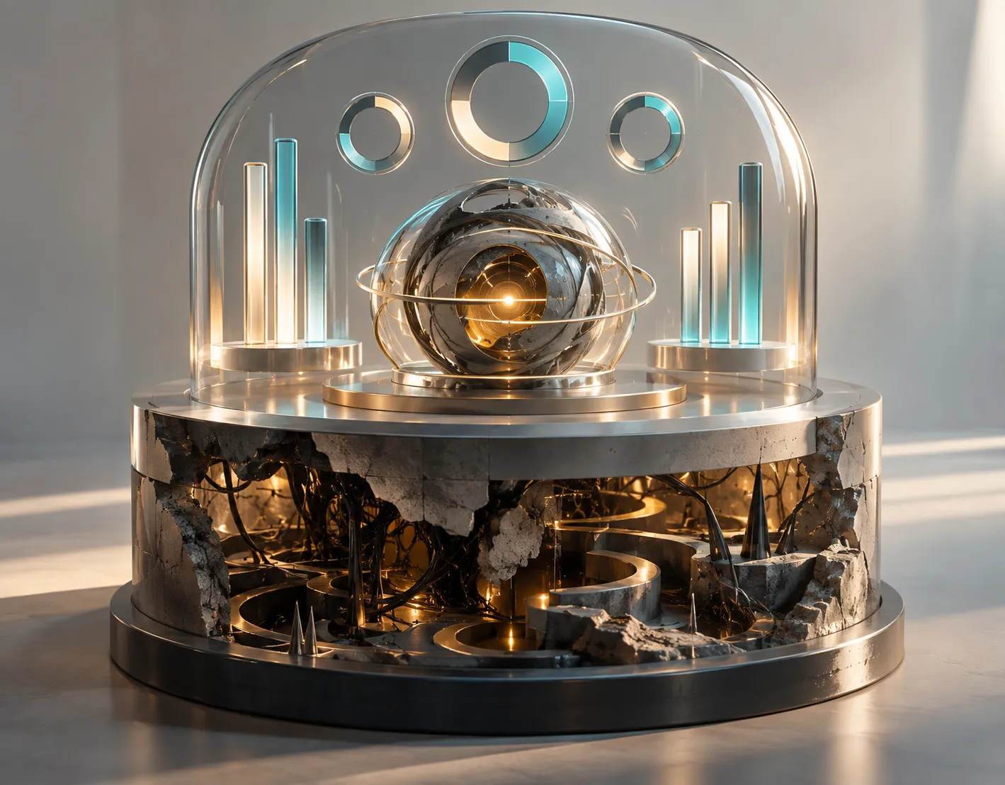 Metriche di sicurezza dell'AI: Una rappresentazione simbolica del divario tra metriche dichiarate e sicurezza reale: in superficie, grafici ordinati e indicatori apparentemente positivi circondano il nucleo dell’AI; sotto, la struttura è invece fragile, danneggiata e piena di criticità nascoste.