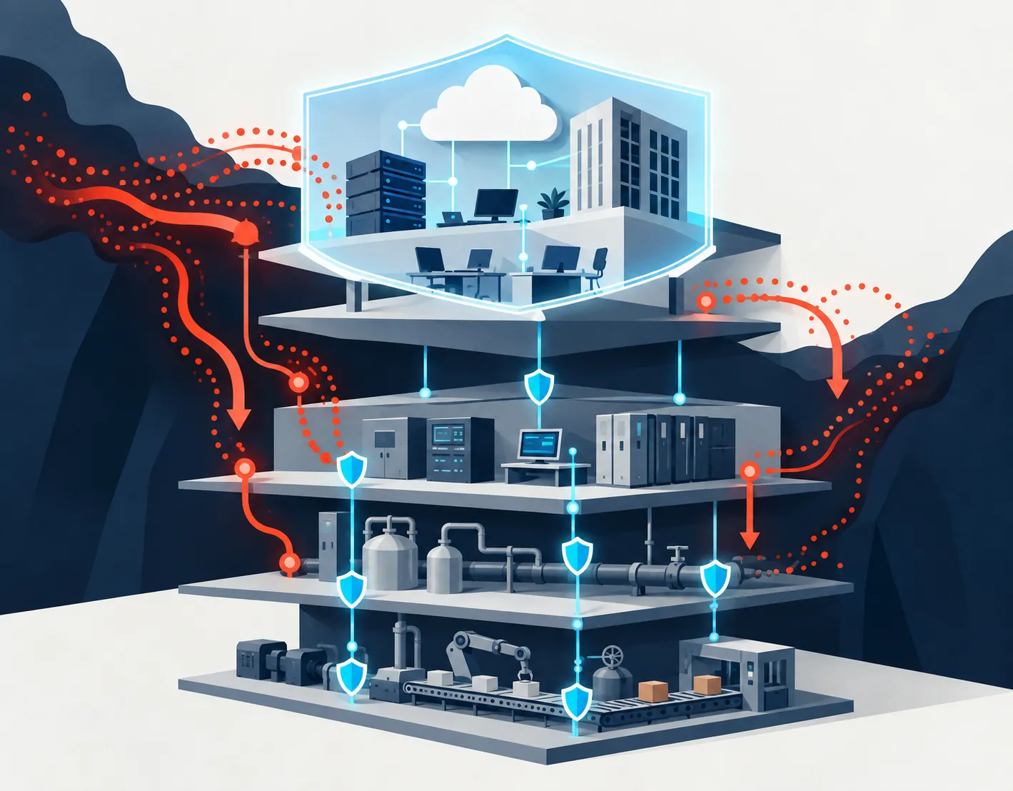 raffigura i 4 livelli che spiegano la parte industriale, it e controllo: Modello Purdue e Zero Trust negli ambienti OT