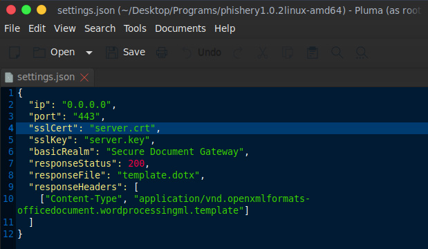 Schermata delle impostazioni del file settings.json per l'attacco di phishing.