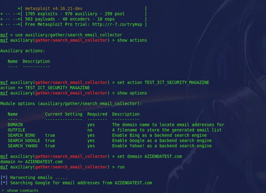 Configurazione di Metasploit per la ricerca di obiettivi di phishing.