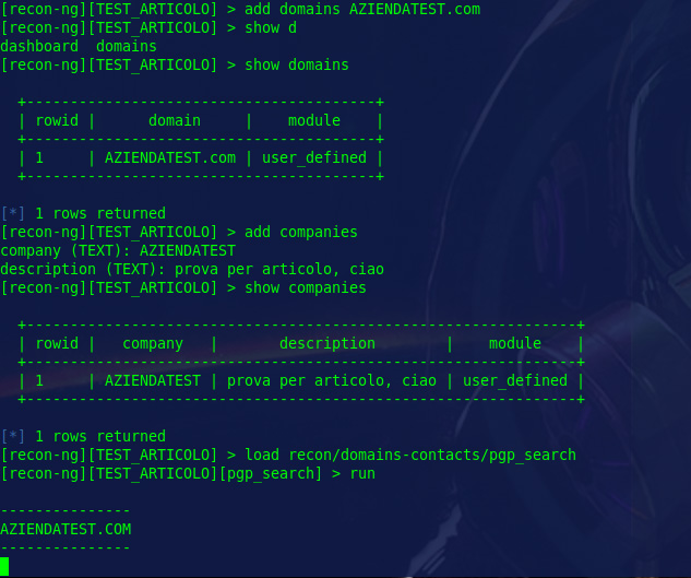 Interfaccia del framework recon-ng per la raccolta di informazioni.