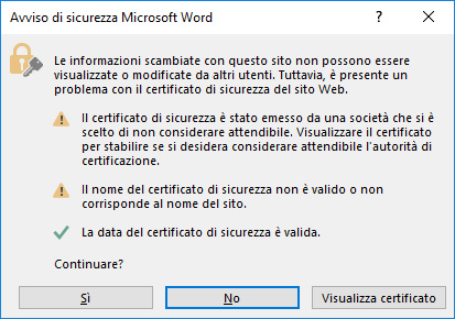 Avviso di sicurezza mostrato all'apertura del documento malevolo.