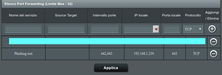 Configurazione del port forwarding su un router DD-WRT per l'attacco di phishing.