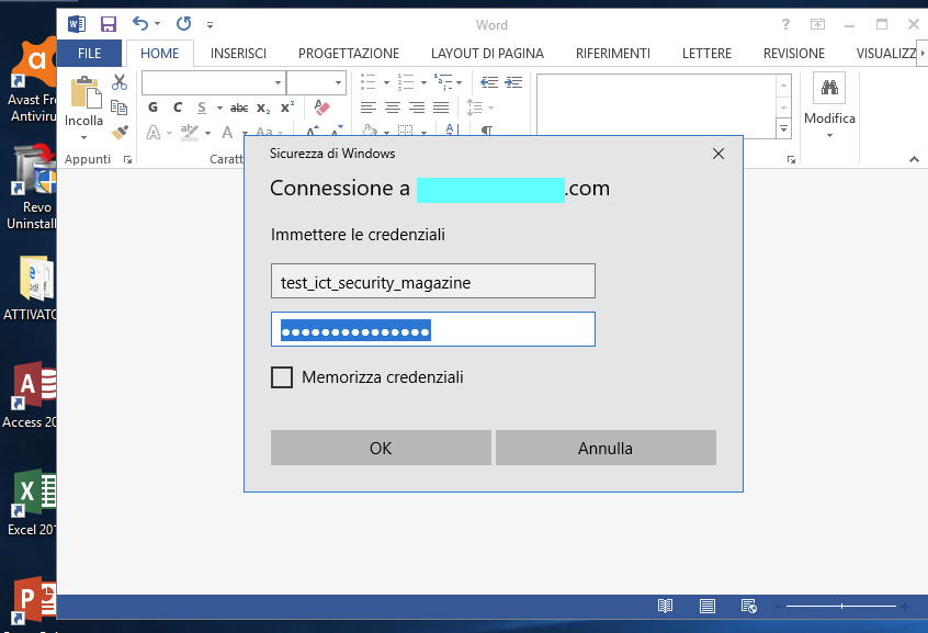Output del terminale che mostra le credenziali rubate dall'attacco di phishing.