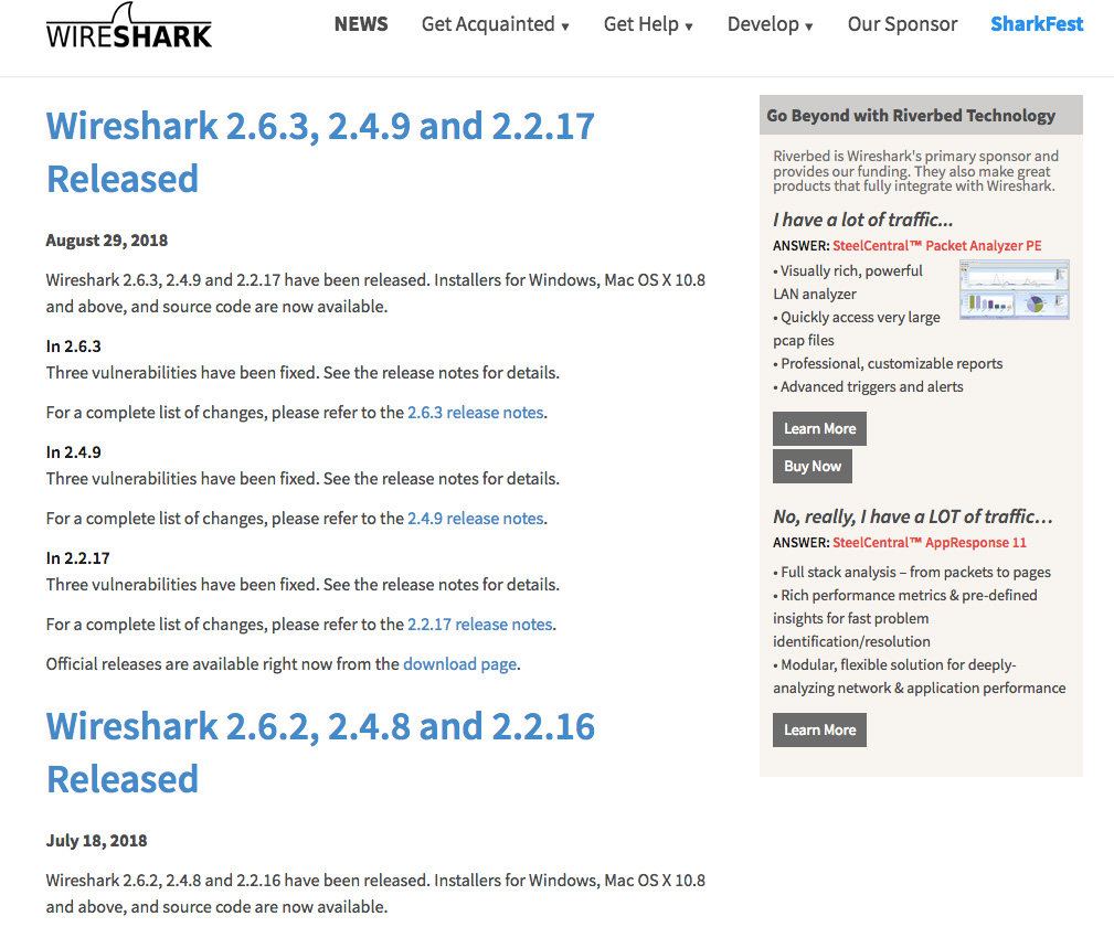 Homepage del sito di Wireshark che annuncia il rilascio delle versioni 2.6.3, 2.4.9 e 2.2.17 con correzioni di vulnerabilità. Presenta la sponsorizzazione di Riverbed Technology e gli strumenti di analisi di rete SteelCentral.