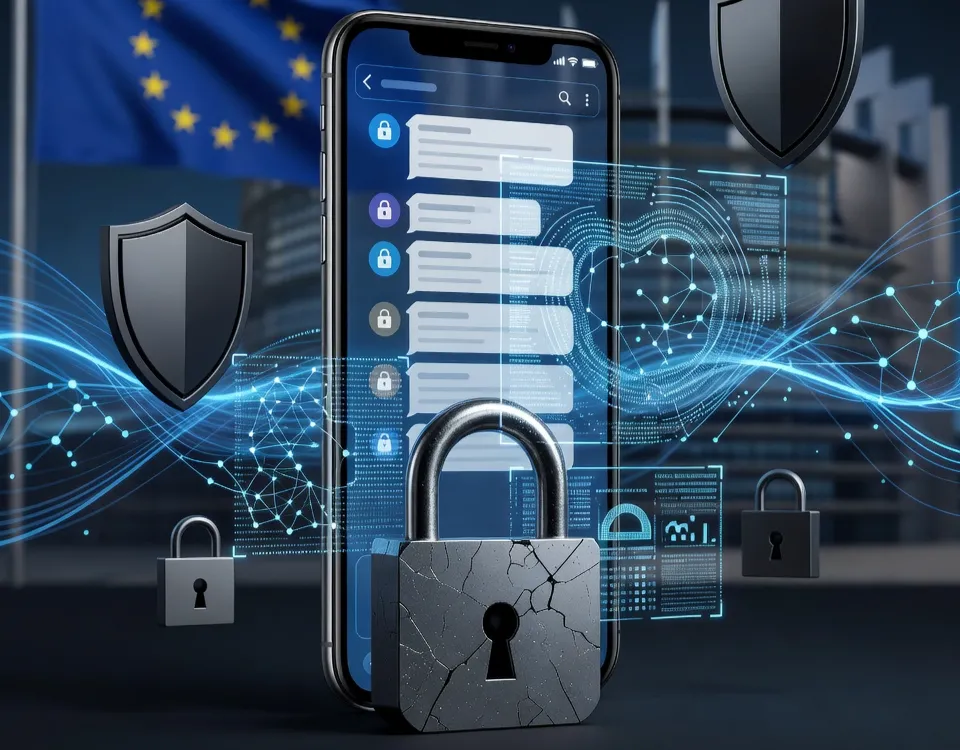 Illustrazione del regolamento Chat Control 2.0 con chat digitali, simbolo della privacy e lucchetto che rappresenta la crittografia end-to-end.