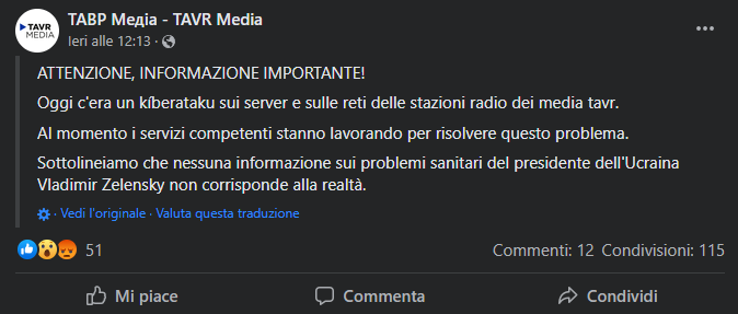 Cyber attacco alle radio ucraine di TAVR Media, diffuse notizie false sulla salute di Zelensky