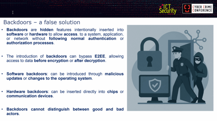 Backdoors: Sicurezza digitale vs indagini criminali: la complessa sfida della crittografia End-to-End. Cybercrime Conference, Luca Cadonici