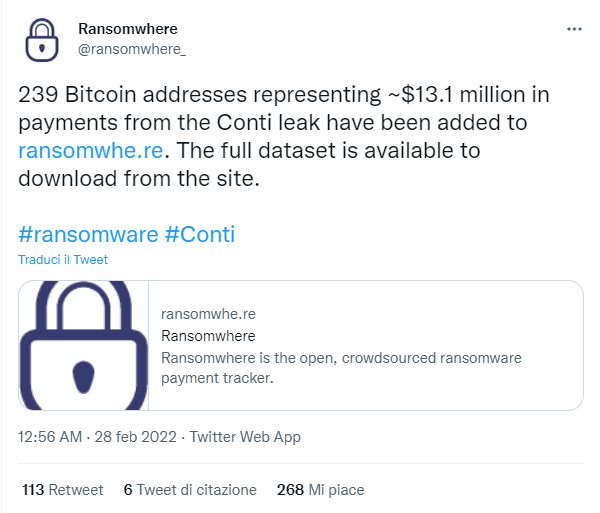 Diffusi i dati della gang ransomware Conti schierata a favore di Putin