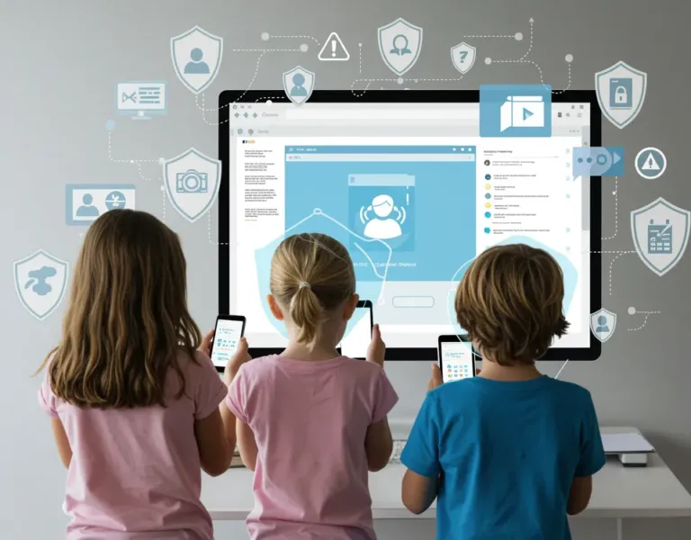 Sicurezza online dei minori e COPPA: rappresentazione visiva di ambienti digitali protetti per bambini e adolescenti, con design age-appropriate, privacy by design, controllo dei dati e misure di sicurezza sulle piattaforme online