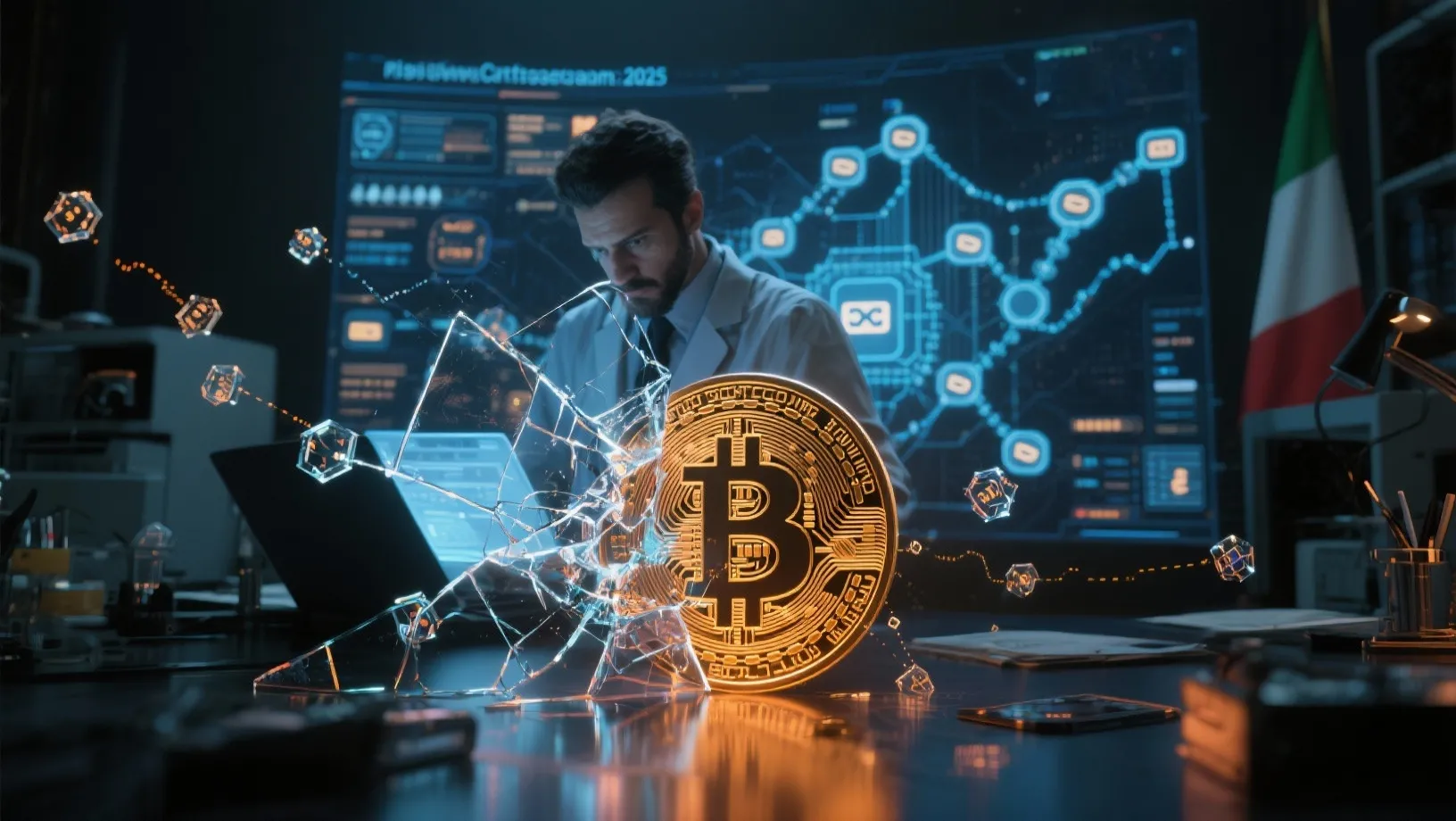 Crypto Scams 2025: un simbolo di Bitcoin frantumato circondato da flussi di dati e nodi blockchain, mentre un investigatore digitale analizza una rete di transazioni su uno schermo olografico.