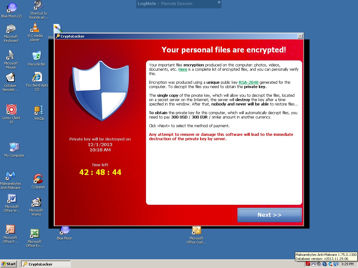 Schermata di un computer infettato da cryptolocker con richiesta di riscatto in Bitcoin
