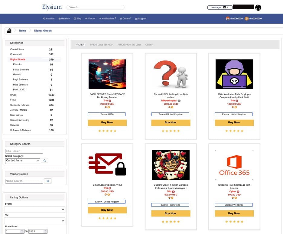 Violazione dei dati e vendita dei dati nel Dark web, Elysium marketplace - Bitdefender