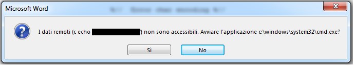 Finestra di dialogo di Microsoft Word. Il messaggio indica che alcuni dati remoti non sono accessibili e chiede se avviare l'applicazione cmd.exe. Sono presenti i pulsanti "Sì" e "No", con "No" evidenziato.