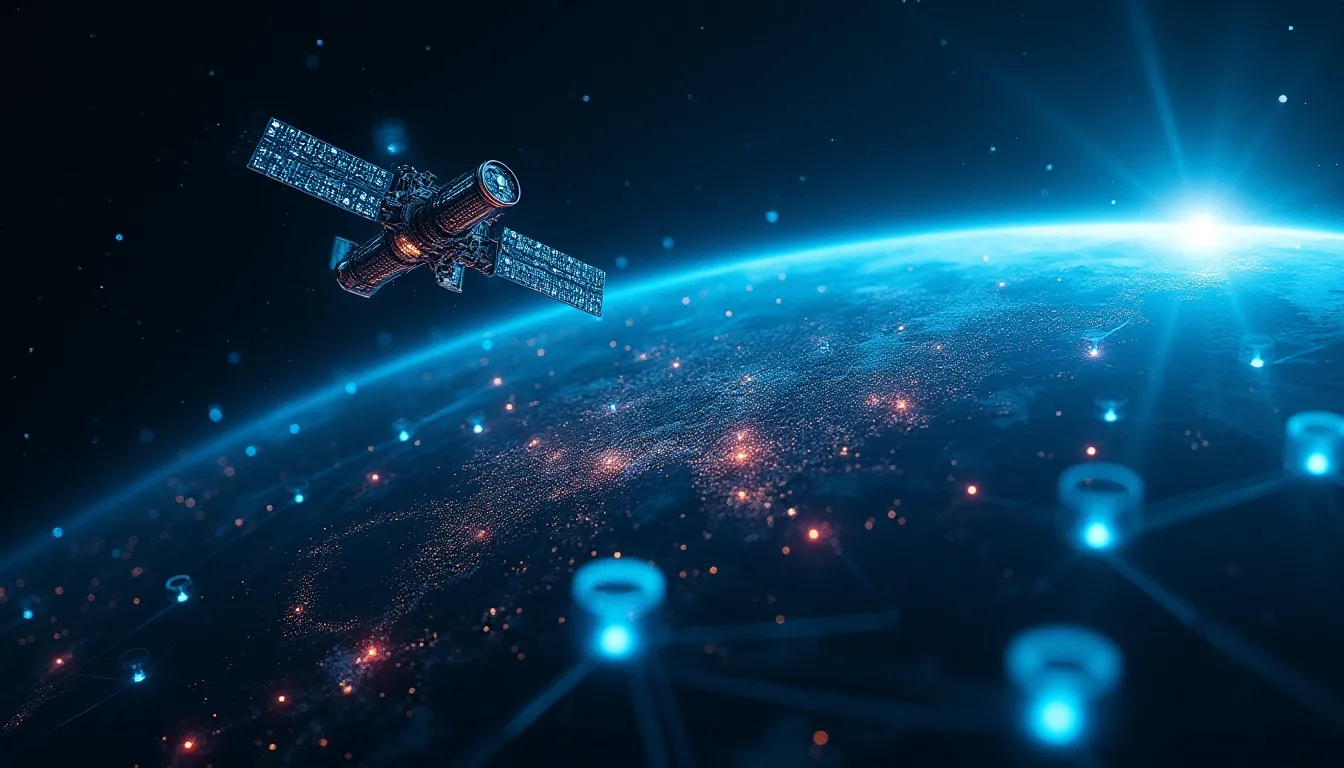 Illustrazione futuristica del dominio spaziale con satelliti e flussi di dati digitali che circondano la Terra.