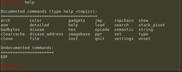 Schermata del comando "help" del tool Ropper per la ricerca di gadget in file binari, utilizzato in attacchi ROP (Return Oriented Programming). La schermata elenca i comandi documentati, tra cui "gadgets", "ropchain", "search", e altri, che facilitano la costruzione di catene di gadget per sfruttare vulnerabilità nei sistemi.