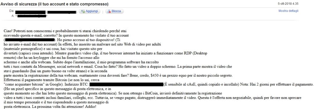 Sextortion: Analisi di una mail del ricatto