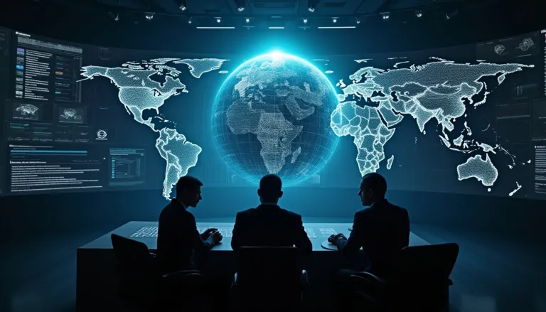 Illustrazione concettuale di intelligence economica e sicurezza nazionale, con dati, mappe globali e analisi strategiche