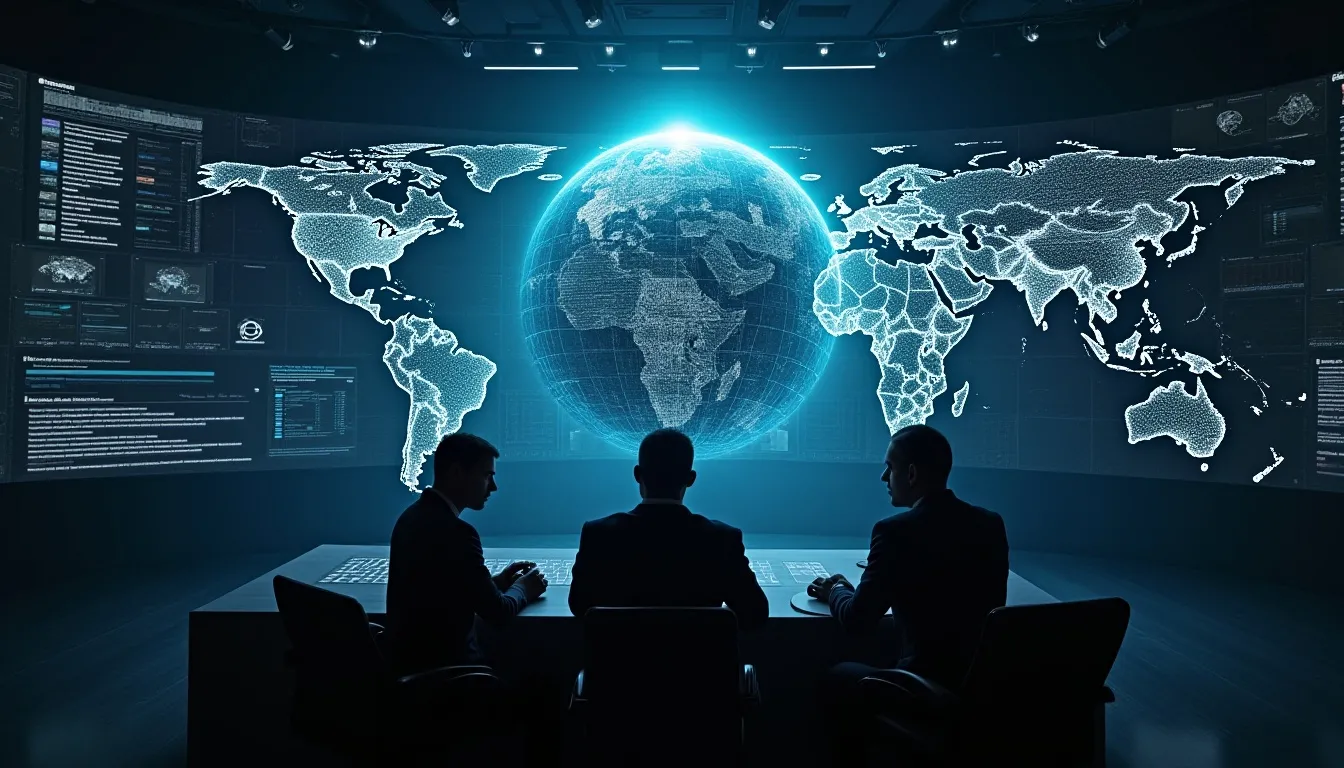 Illustrazione concettuale di intelligence economica e sicurezza nazionale, con dati, mappe globali e analisi strategiche