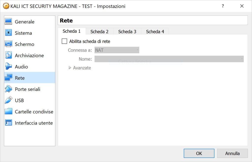 L'immagine mostra le impostazioni di rete del "KALI ICT SECURITY MAGAZINE - TEST", con opzioni per abilitare le schede di rete, configurare gli indirizzi IP e altre impostazioni relative alla rete.