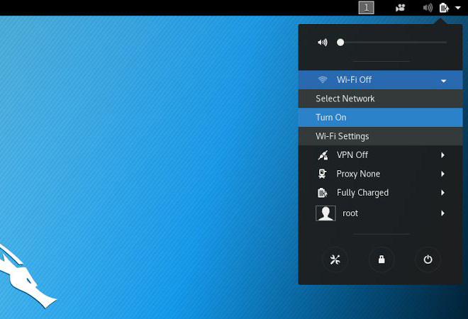 L'immagine mostra un'interfaccia utente per la gestione delle impostazioni Wi-Fi su un dispositivo, un sistema Kali Linux. L'interfaccia include opzioni per accendere o spegnere il Wi-Fi, selezionare una rete, accedere alle impostazioni Wi-Fi, abilitare o disabilitare una VPN, configurare le impostazioni proxy e visualizzare il livello della batteria del dispositivo e le informazioni dell'account utente.