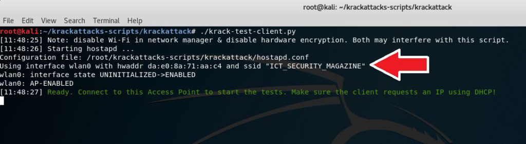 L'immagine mostra un terminale Kali Linux dove viene eseguito lo script krack-test-client.py. Sembra che tutto sia configurato correttamente per testare la vulnerabilità KRACK.