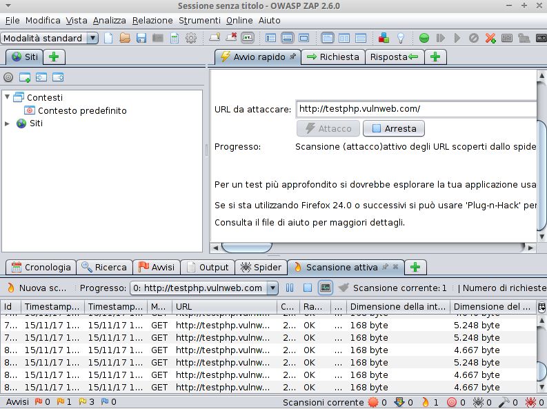Screenshot di una sessione di web app pentesting utilizzando OWASP ZAP, un tool open-source per l'identificazione di vulnerabilità. L'immagine mostra l'interfaccia del programma durante una scansione attiva, evidenziando l'URL attaccato e il progresso della scansione.