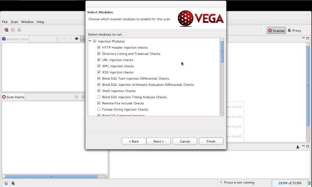 L'immagine mostra l'interfaccia dello scanner di vulnerabilità web Vega, in particolare la schermata di selezione dei moduli.
