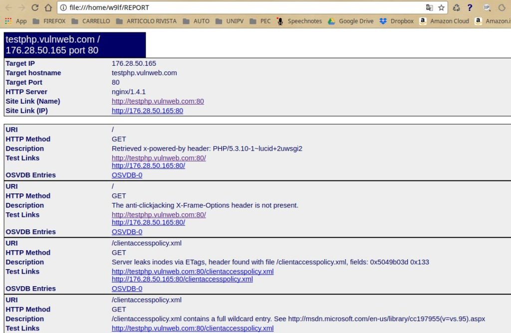Report dettagliato di un test di sicurezza condotto con uno strumento di analisi delle vulnerabilità web. Nella schermata sono evidenziati vari tipi di problemi rilevati durante la scansione del sito.