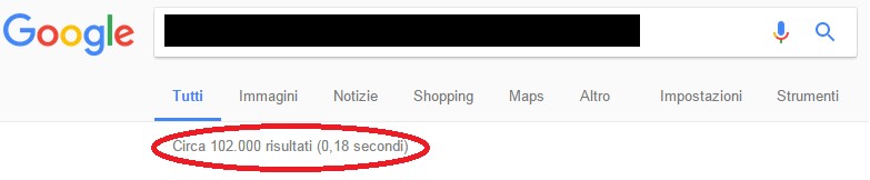Screenshot di una ricerca Google con il messaggio "Circa 102.000 risultati (0,18 secondi)" cerchiato in rosso.