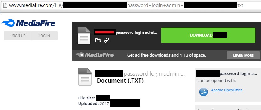 Schermata di download su MediaFire che mostra un file di testo (.TXT) dal titolo parzialmente oscurato, con riferimenti a password e login admin. Il file è stato caricato nel 2017 e può essere aperto con Apache OpenOffice.