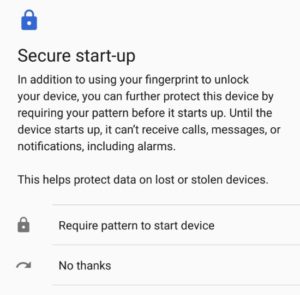 Schermata di configurazione di sicurezza degli smartphone.Opzione per richiedere pattern all'avvio del dispositivo.Protegge i dati in caso di furto o smarrimento.