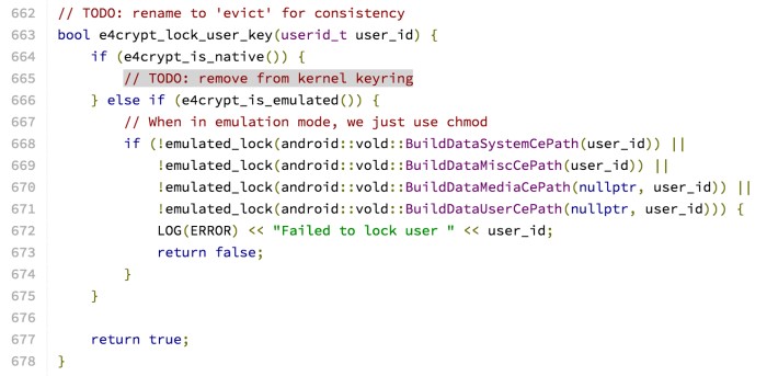 Questa immagine mostra un frammento di codice C++ relativo alla crittografia in un sistema Android. Il codice gestisce la sicurezza dei dati utente in diverse configurazioni del sistema Android.