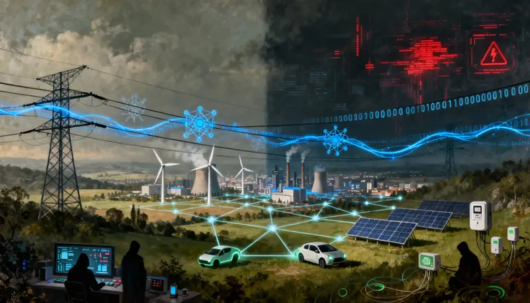 smart grid moderna: rete elettrica digitale interconnessa con fonti rinnovabili, veicoli elettrici e sistemi IoT, minacciata da attacchi cyber e vulnerabilità informatiche.