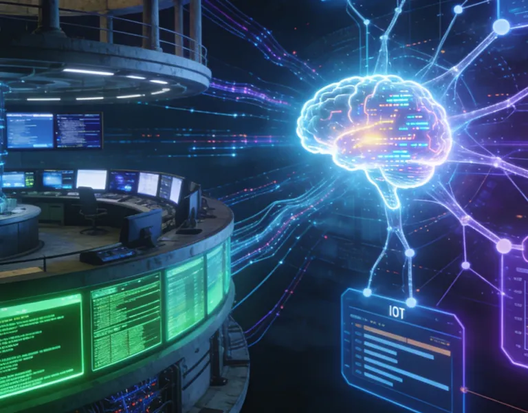 Rappresentazione concettuale dell’evoluzione dei SOC Security Operations Center, dalla sorveglianza tradizionale a un sistema digitale avanzato simile a un sistema nervoso, con sensori, analisi AI, correlazione eventi e risposta automatizzata alle minacce informatiche.