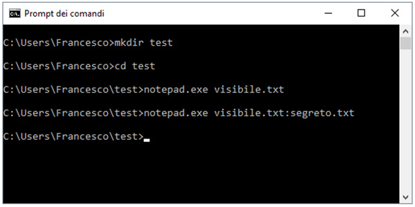 Esempio di steganografia usando Alternate Data Stream (ADS) in Windows NTFS