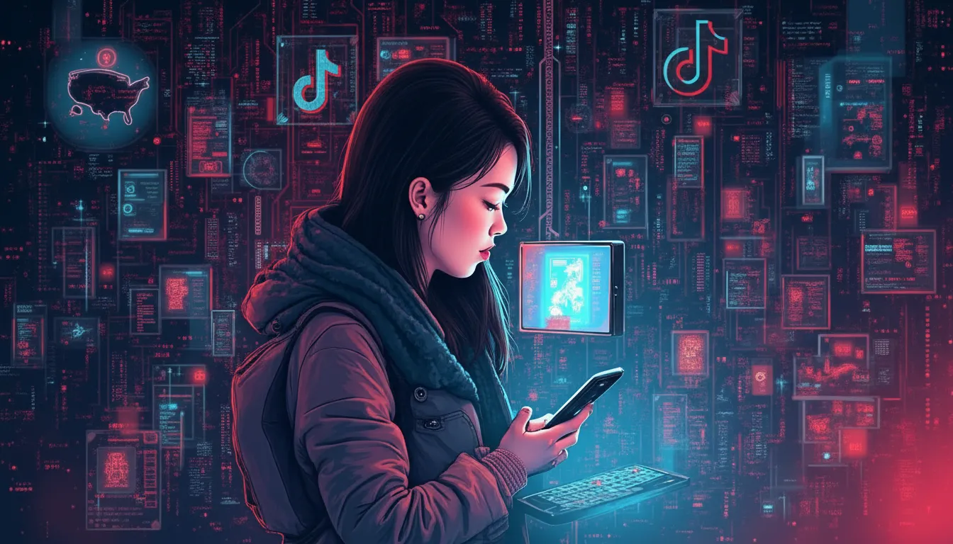 le preoccupazioni sulla sicurezza nazionale legate a TikTok: adolescenti che usano smartphone, flussi di dati digitali che si trasferiscono verso la Cina
