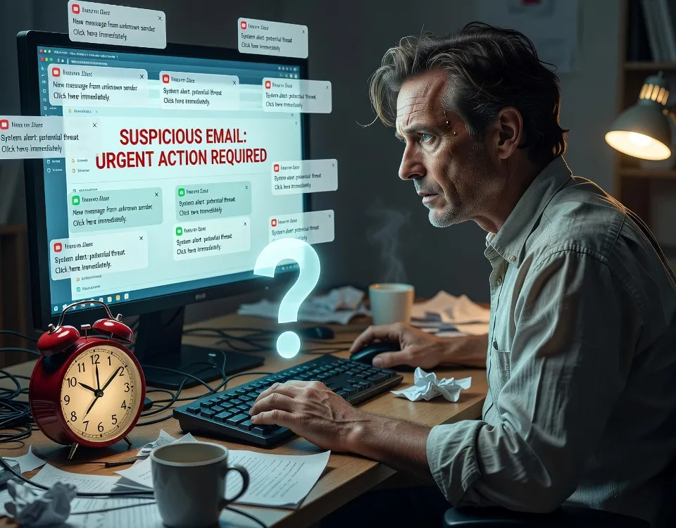 vulnerabilità al phishing che mostra come urgenza, curiosità e distrazione influenzano il comportamento degli utenti nel cliccare email sospette.
